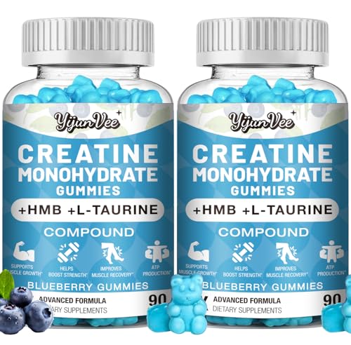 YijunVee 8000MG Creatine HMB Monohydrate Gummies for Men & Women - L-Carnitine L-Taurine & Vitamin B6 12 10X Absorption 8 Gram of Creatine Monohydrate per Serving Blueberry Flavor Gummy 180 Counts