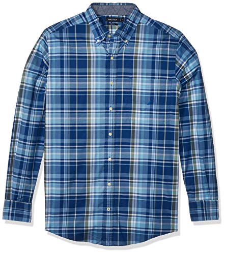 Nautica Men's Big and Tall Long Sleeve Button Down Plaid Poplin Shirt, Limoges
