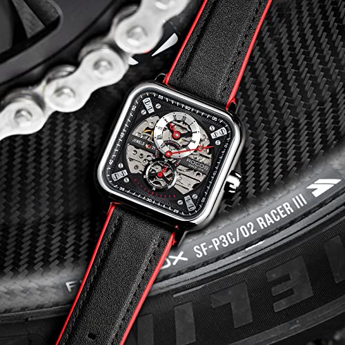 Image of ROCOSJEWE Automatic Watches for Men Skeleton Mechanical Watch Stainless Waterproof Anti Shock Casual Analog Dress Watch Leather Band Vintage Square Ultra Thin Business Wristwatch R0917