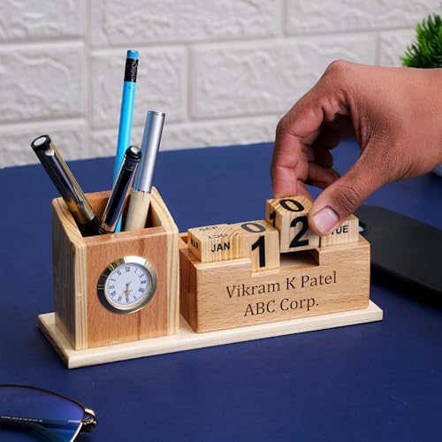 Image of Deskart Customized Multipurpose Pen Holder Stand | Premium Wooden Desk Organizer with Clock, Flip Calendar, Business Visiting Card and Mobile Holder