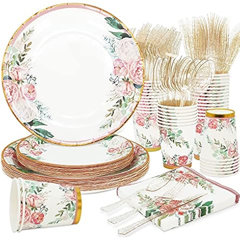 Floral Party Supplies bridal shower paper plates and Napkins Sets for 24 Guest-Floral Party Disposable Paper Dinner Plates,Cups,Knives, Spoons, Forks, for Baby Shower Birthday Bridal Shower Tea Party Cover