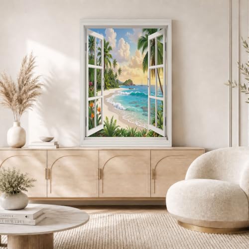 Cuadros en lienzo de ventana al Mediterráneo para decorar un salón moderno con playa y palmeras