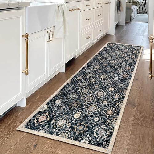 KILOCOCO 2x6 Runner Rug, Moroccan Super Soft Washable Hallway Runner Rug, Accent Print Faux Wool Kitchen Runner Rug 6 Feet Non-Slip Rug Runners for Laundry Room Bedroom, Black/Navy Blue/Multi