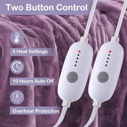 Electric Heated Blanket Queen Size 84"x90", Dual Controllers, Cozy Large Oversized, 5 Heating Levels & 10 Hours Auto Off, Cozy for Bed, Sofa, & Office, Machine Washable, Purple