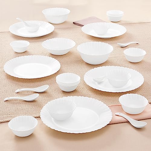 Image of Larah by Borosil Silk Series Opalware Dinner Set | for Family of 6 | Microwave & Dishwasher Safe | Bone-Ash Free | Crockery Set for Dining & Gifting | Plates & Bowls | White (27 PCS)
