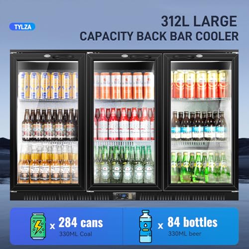 Image of Tylza Back Bar Cooler With 3 Glass Doors, 312L Under Counter Back Bar Refrigerator with LED Lighting, Safety Locks, Counter Height Bar Beverage Cooler for Beer, Soda Drinks, Wine, Black