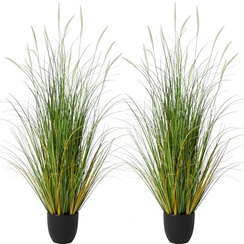 KOL 4ft 2-Pack Artificial Cattail Reed Grass, 47.2’’ Artificial Indoor Outdoor Fake Onion Grass Plant, Home Office Wedding Decorative Potted Plant, Faux Floor Greenery, Housewarming Gift, White