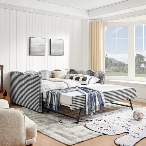 Image of KEIKI Full Size Upholstery Gingham Daybed with Trundle and USB, Black