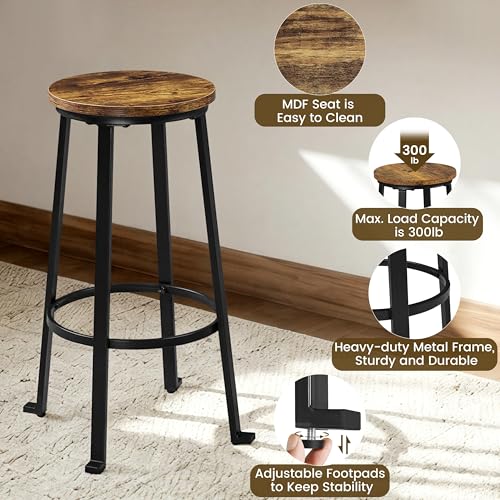 Butacos de bar Yaheetech, set de 2, estilo industrial con patas de metal, color marrón rústico, capacidad de 136 kg por butaco, estructura de metal y asiento de madera MDF resistente al agua, patas ajustables para evitar rayones en el piso miniatura 5