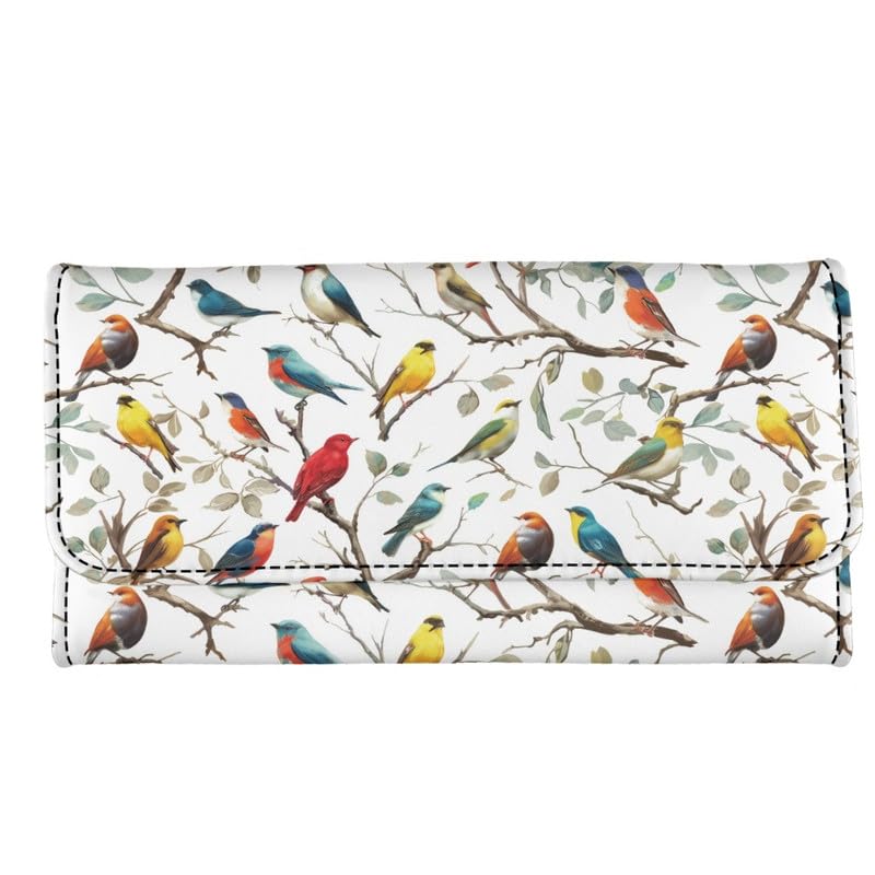 Birds Pattern Women Long Wallet Trifold Credit Card Holder Clutch Wallets, Bird On Tree Painting PU Vegan Leather Checkbook Billfold Money Organizer2