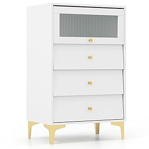 GOPLUS Cómoda con 3/4 Cajones, Armario de Almacenamiento con Puerta de Vidrio y Cajones Deslizantes, Cajonera Estrecha Moderna con Patas Metálicas Doradas para Dormitorio, Entrada, Blanco (3 Cajones)
