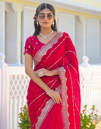 Image of SIRIL Women's Shimmer Chiffon Scalloped Border Sequins Embroidery Saree With Unstitched Blouse Piece