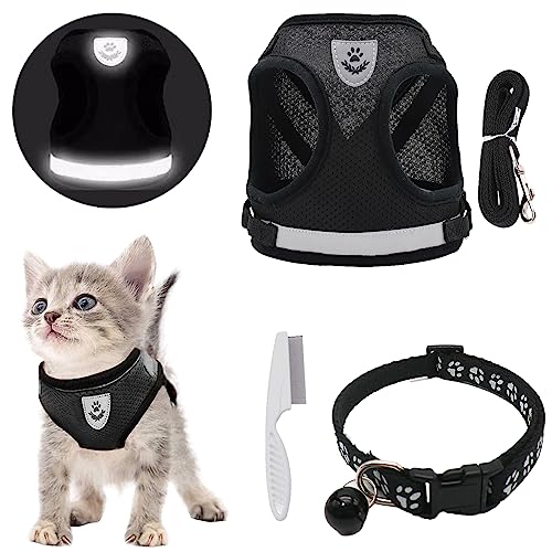 DKDDSSS Harnais Chat Anti évasion Ensemble, Harnais Chaton Réfléchissant avec Laisse, Réglable Harnais pour Chat et Laisses et Collier Ensemble pour Chaton, Chiens, Chihuahua (Noir, S)
