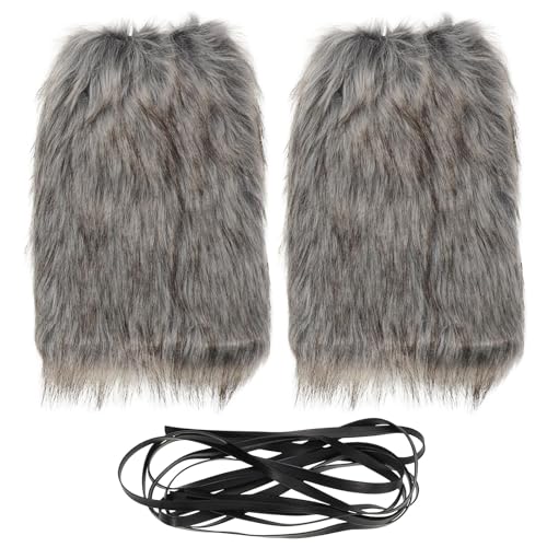 ifundom Calentadores de Piernas Vintage Peludos para Mujer Gris Blanco 30 Cm Poliéster Grueso con Tiras Ajustables para Disfraz y Espectáculo de Baile