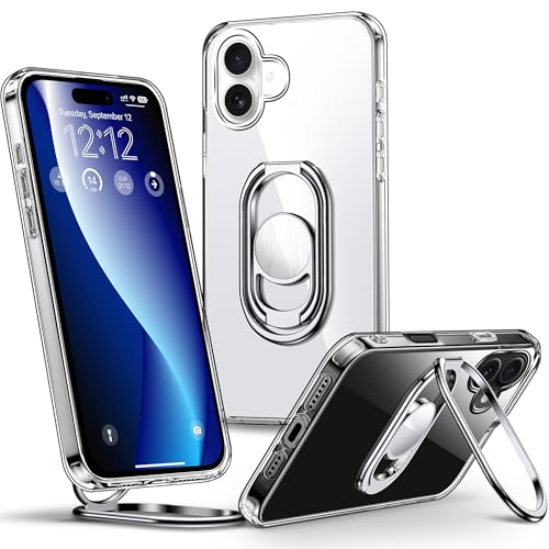 Image of SHIELDS UP for iPhone 16 Plus Back Cover with Stand, Phone Case Clear with Double Ring Holder [Adjustable & Foldable] Shockproof Protective Cover for iPhone 16 Plus 6.7 inch - Clear