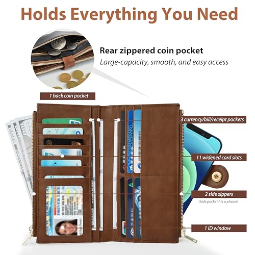 Women’s Wallet,Thin RFID Blocking Leather Wallet for Women Credit Card Holder Travel Wallet with Zipper Pocket(Black＆Brown)2