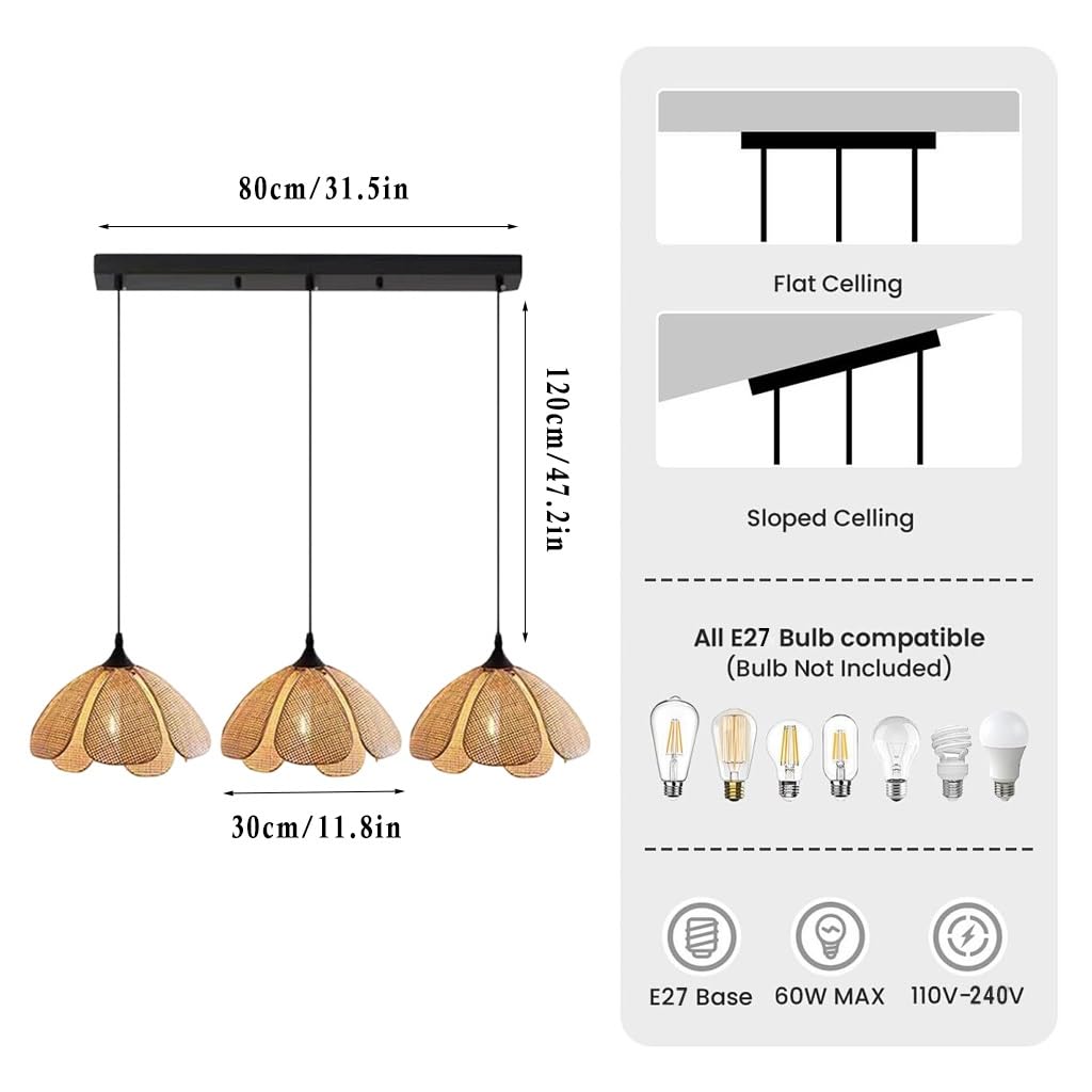 Wisząca Lampa Boho Naturalny Rattan Ręcznie Pleciona Wisząca Lampa E27 120cm Regulowana Wysokość Lampa Sufitowa 3 Rozmiary Jadalnia Salon Sypialnia Kuchnia Kawiarnia Hotel(N-rectangular chassis)