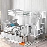 Stairway Bunk Beds Twin Over Full with 4-Step Storage Stairs and Under Bed Drawers, White