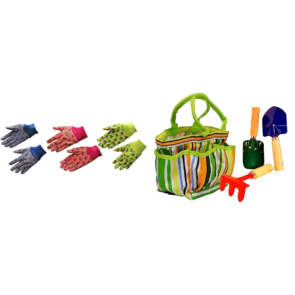 G & F Products 1823-3 JustForKids Soft Jersey Kids Garden Gloves, Kids Work Gloves, 3 Pairs & G & F 10012 JustForKids Kids Garden Tools Set with Tote hand rake shovel trowel,Assorted