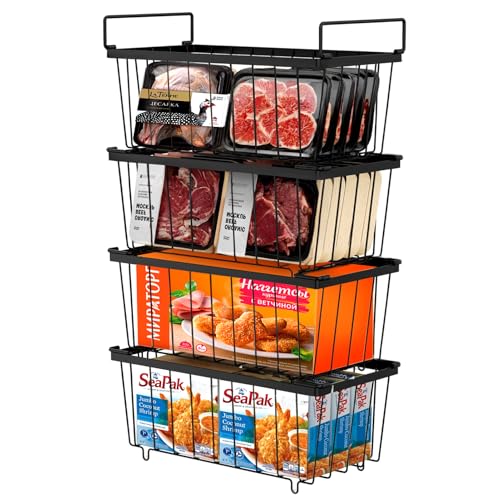 Teodute 4Pcs Paniers de Congélateur Coffre, Empilable Congélateur avec Poignée, Panier en Métal Grande Capacité CongéLateur 198L Panier de CongéLation...