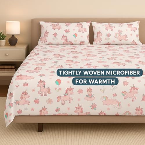 Image of Cottington Lane Microfiber Printed Bedsheet for King Bed with 2 Pillow Covers - Breathable, Soft, Wrinkle-Free, Skin Friendly - 102x108 Inches - Pink Unicorn