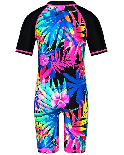 Image of TFJH E Short Sleeve Girls Swimsuits UV 50+ One Pieces Zipper 2-14Y | From beach vacations and pool parties to cruises and water parks, this colorful floral swimsuit is her summer favorite