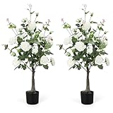 Romantic season 2Pack Artificial Rose Flower Trees, 42Inch White Faux Rose Tree with Green Leaves for Living Room Office Home Outdoor Indoor Decor