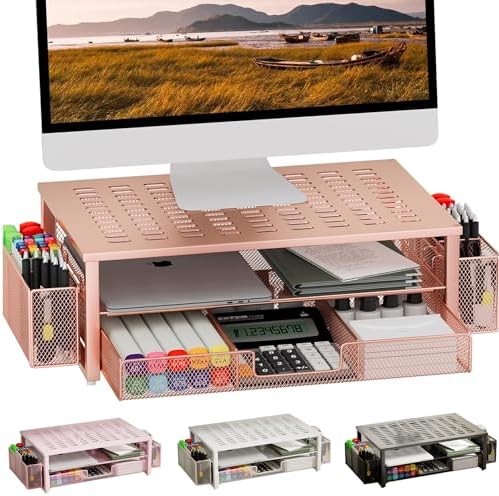 gianotter Desk Computer Monitor Stand Riser with Drawer and 2 Pen Holder, Desk Accessories & Workspace Desk Organizers, Desktop Organizer for Office Supplies (Rose Gold)