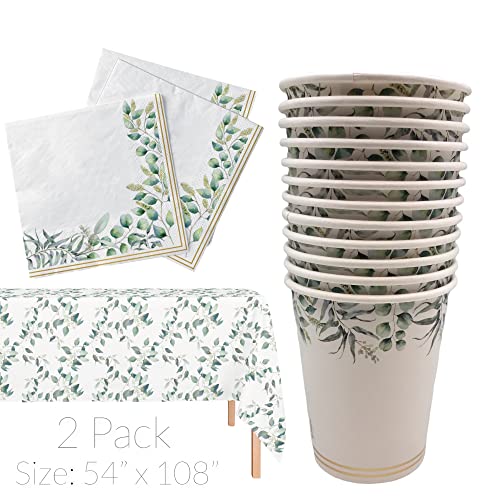 Serves 24 Complete Eucalyptus Greenery Floral Party Supplies, Includes Paper Plates, Cups, Napkins, Straws And 2 Table Covers Ideal For Baby Showers, Weddings, Birthdays, Tea Party, Bridal Showers #TOP3