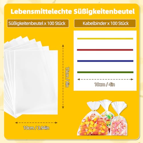 100 Stück Cellophantüten Klein 10x15 cm, Durchsichtige Zellophantüten mit 100 Bunte Krawatten – Süßigkeiten Geschenkbeutel für Hochzeit, Geburtstag, Weihnachten Party Kekse & Schmuck - Gicctyble