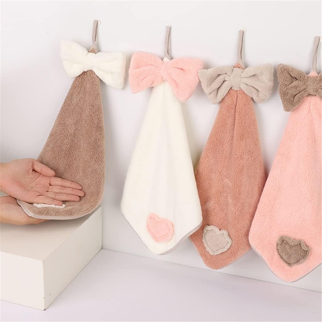 Coral Velvet Heart Embroidery 4-Pack Bow Hand Towel Hanging Cloth Absorbent Rag Kitchen Supplies (Color : A, Size