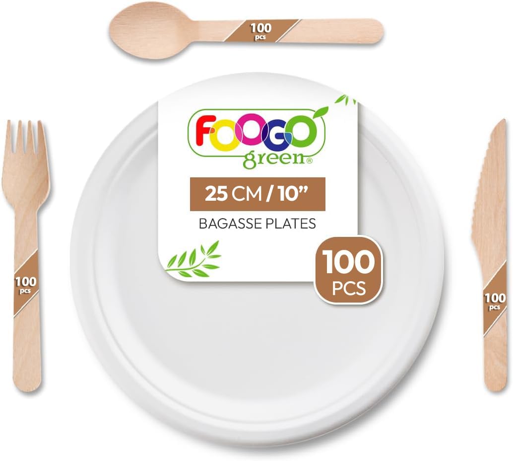 FOOGO Green 400pcs Disposable Sugarcane Fibre Strong Paper Plates and Wooden Cutlery Set, FSC® Certified, 100x Large Round Plates, 100x Forks, 100x Knives, 100x Spoons, Eco Biodegradable — image 1