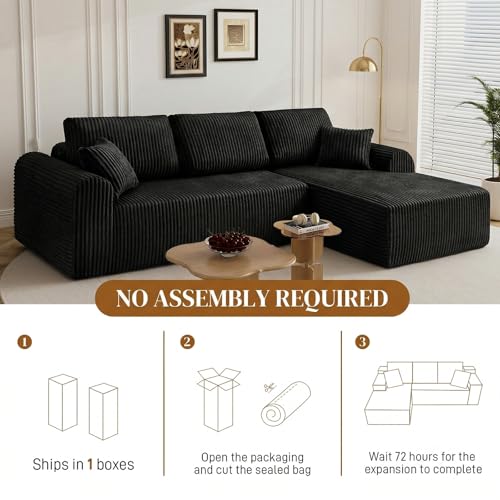 Image of 110 inch L Shaped Boneless Sectional Couches for Living Room, Comfy Corduroy Floor Cloud Sofa with Chaise, Wide Armrest, Deep Seat, Memory Foam, Assembly Free, Ideal for Small Spaces, Black