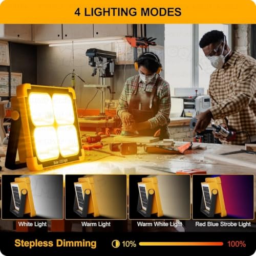 Image of 100W LED Construction Work Light, 10000LM Portable Rechargeable Spotlight with 12000mAh Battery, Solar & USB Rechargeable Flood Light, 4 Lighting Modes, IP66 Emergency Camping Light for Garage,Outdoor
