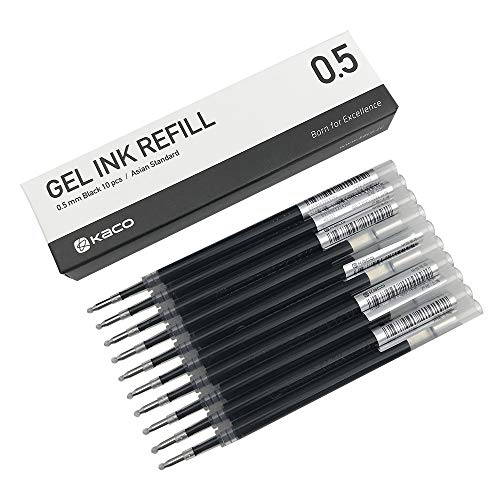 Kaco Pure Gel Ink Refills for Retractable Gel Pens, 0.5mm, Fine Point, Bullet Tip, Pack of 10 (Black ink)