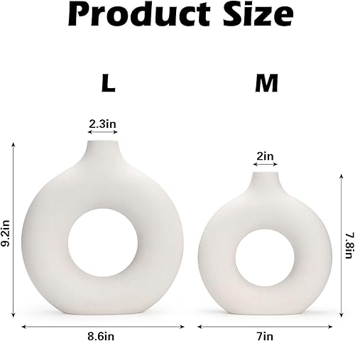 Miniatura 2 de Juego de 2 jarrones de cerámica blanca para decoración del hogar, jarrón hueco redondo mate para hierba de las pampas, estilo minimalista nórdico
