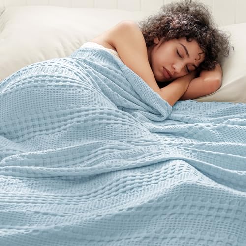 PHF Cooling Waffle Blanket Queen Size,Lightweight 60% Rayon Derived from Bamboo & 40% Cotton Breathable Blanket for Hot Sleepers, Soft and Luxury for Bed Couch and Sofa, 90"x90",Sky Blue
