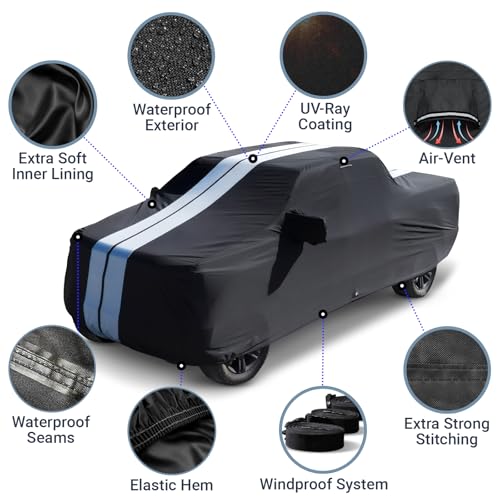 Image of iCarCover Premium Truck Cover for 1999-2026 GMC Sierra 1500 Double /Extended Cab, 6.5 ft. Regular Bed w /Trailer Mirror Pocket Heavy Duty Waterproof Custom Exterior Protection (Stripe - Black /Gray)