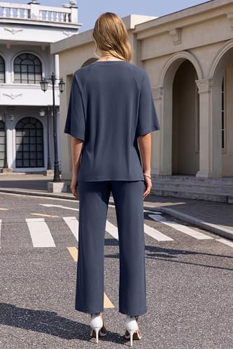 Image of difficort 2 Piece Lounge Sets for Women Summer Outfits Vacation Loungewear | Knit Raglan Short Sleeve Wide Leg pant with Pockets