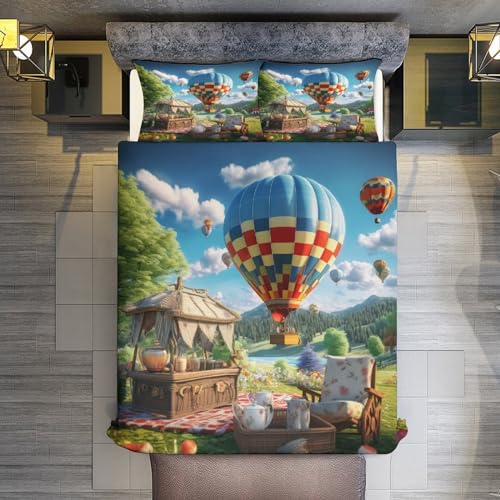Housse de couette montgolfière 3 pièces lit double 200x200cm microfibre 3D