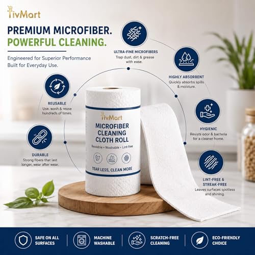 Image of Microfiber Cleaning Cloth Roll | 10 Reusable Tear-Away Sheets (25x25 cm, 220 GSM) | Washable Lint-Free Cleaning Towels for Kitchen, Car, Glass, Office & Home | Ultra Absorbent White Cloth Roll