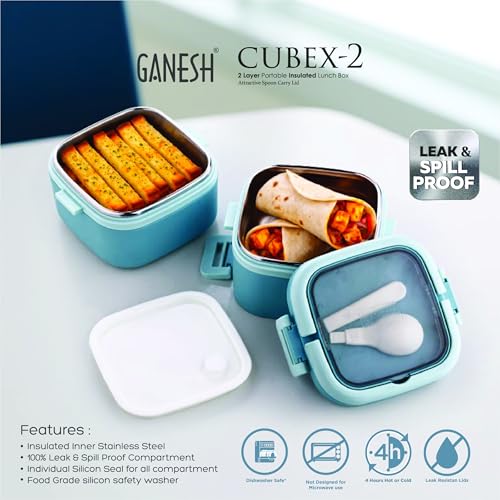 Image of Ganesh 2 Compartment Cubex Insulated Food Container with Attractive Spoon - Airtight Leak-Proof Lunch Box for Office, School, Picnic 760ml- Peach