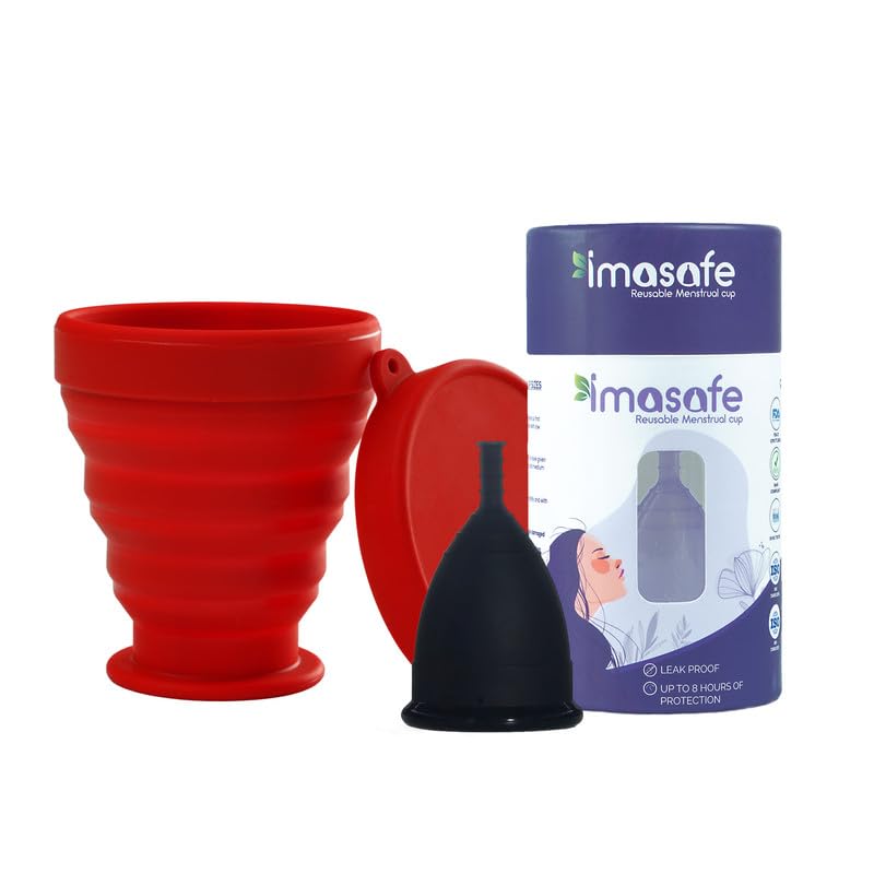 Imasafe Reusable Menstrual Cup for Women | US FDA Registered | 100% Medical-Grade Liquid Silicone |Ultra Soft, Odour & Rash Free Cups - (Sterilizing Red Container + Large Period Cup - Black)