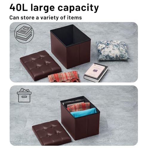Image of Bsketa Storage Ottoman Bench, 16 inch Folding Leather Foot Rest, Brown 2 Pack | Small Ottoman with Side Pockets, Thicker Foam Padded Seat, Livingroom, Dorm, Bedroom, Easy to install, 38L, 16x12x12in