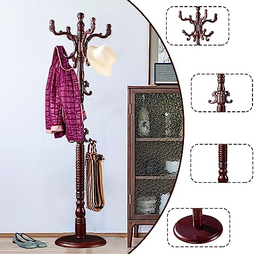Coat-Racks-Free-standing-Natural-Wood-Coat-Rack-Stand-With-14-Hooks-Heavy-Duty-Adjustable-Height-Coat-Racks-For-Entryway-Hallway-Foyer-Office-Bedroom-Reddish-brown Coat Racks Free standing Natural Wood Coat Rack Stand With 14 Hooks Heavy Duty Adjustable Height Coat Racks For Entryway Hallway Foyer Office Bedroom Reddish brown