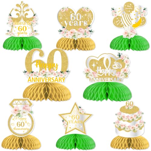 Flower Anniversary Decorations 8Pcs 60th Anniversary Honeycomb Centerpiece White Gold