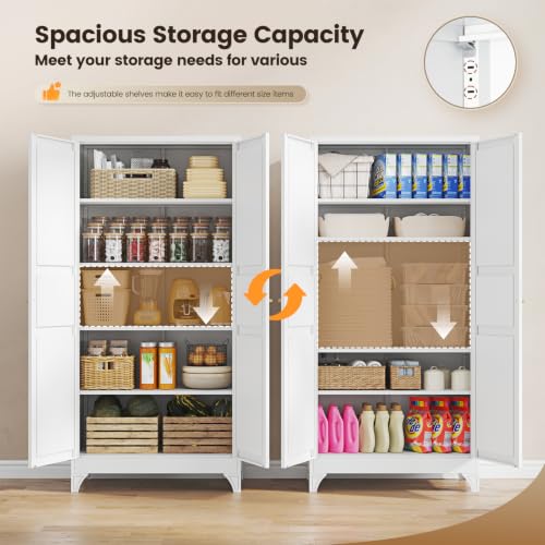 Image of Yizosh Metal Storage Cabinet with 2 Doors and 4 Adjustable Shelves - 71 inch White Kitchen Pantry Storage 4-Tier Tall Steel Cabinets Locker for Kitchen, Living Room, Dining Room