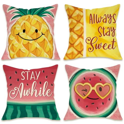 Fahrendom Spring Summer Fruit Decorative Throw Pillow Covers 18 x 18 Set of 4, Watermelon Pineapple Stay Awhile Porch Patio Outdoor Pillowcase, Always Stay Sweet Sofa Couch Cushion Case Home Decor