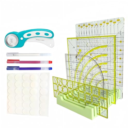 Quilting Kit with Quilting Ruler Holder Rotary Cutter Curved Corner Cutter Quilting Ruler Slotted Quilting Ruler Arcs Fans Quilt Circle Cutter Ruler Non Slip Ruler Grip Rings Heat Erasable Pens