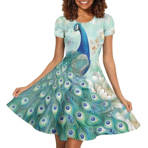 Image of HUGS IDEA Womens Puffy Swing Midi Dress Round Neck Short Sleeve Party A-Line Dresses